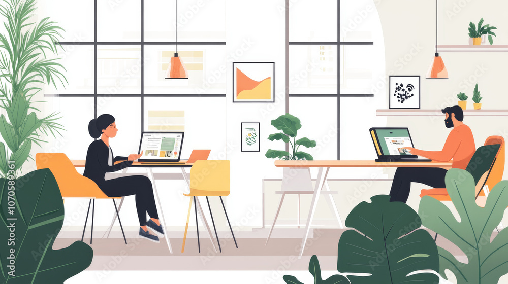 Fototapeta premium Professionals working remotely in coworking space, engaging in video calls and discussions, comfortable and tech-friendly setting,