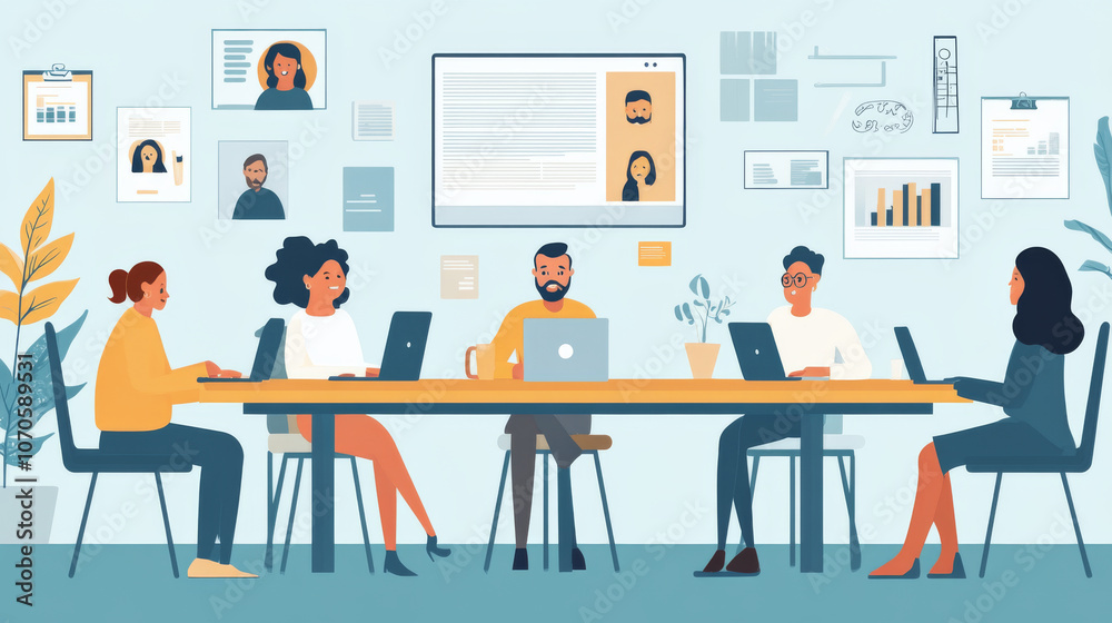 Remote business team collaborating via video conference, diverse professionals in home offices, laptops and digital tools, modern and efficient setup, Remote business team collaborating via video conference, diverse professionals in home offices, laptops and digital tools, modern and efficient setup,