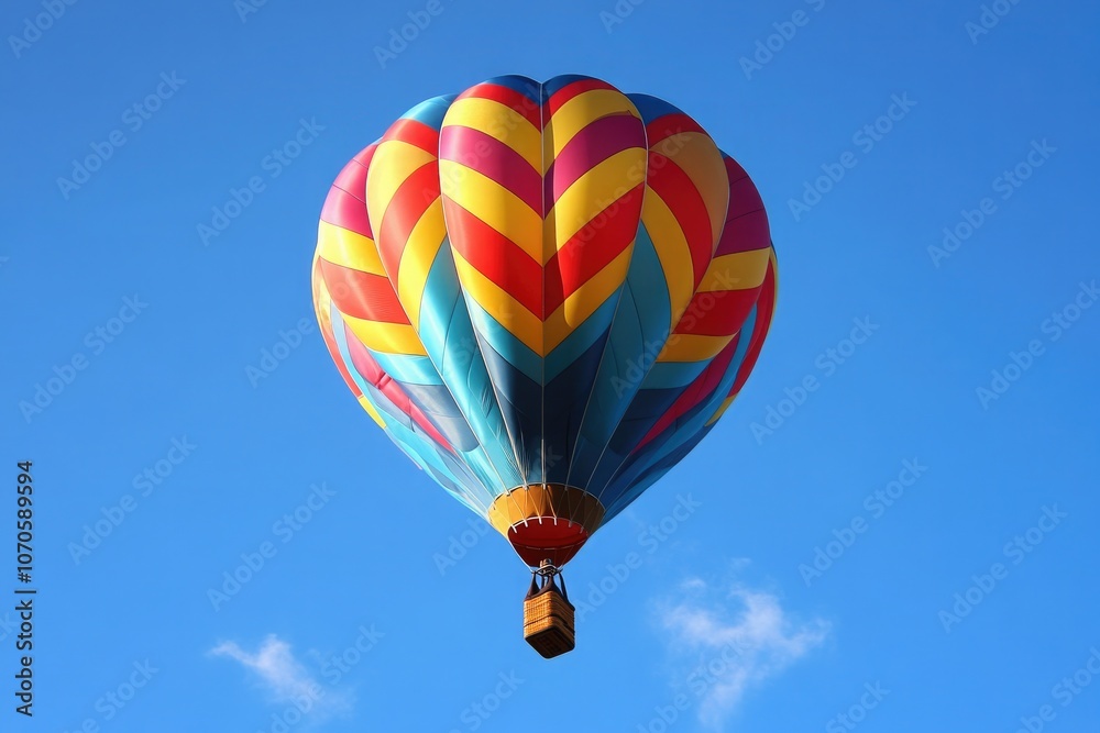 Fototapeta premium A colorful hot air balloon ascending into a bright blue sky, symbolizing freedom, creativity, and the achievement of new heights.