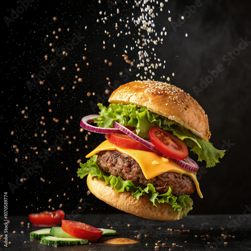 A delicious Floating hamburger with Juicy Meat, Tasty burger with Seasoning Cheese Tomatoes, Lettuce, beef and vegetables on dark background