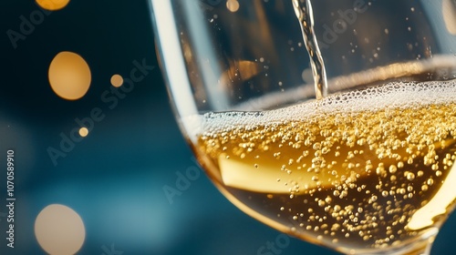 Close up of sparkling wine being poured into a glass, highlighting bubbles and festive cheer