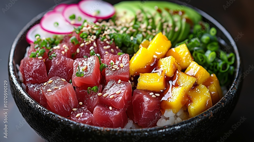 Vibrant Poke Bowl with Fresh Tuna and Avocado Cubes Vibrant Poke Bowl with Fresh Tuna and Avocado Cubes