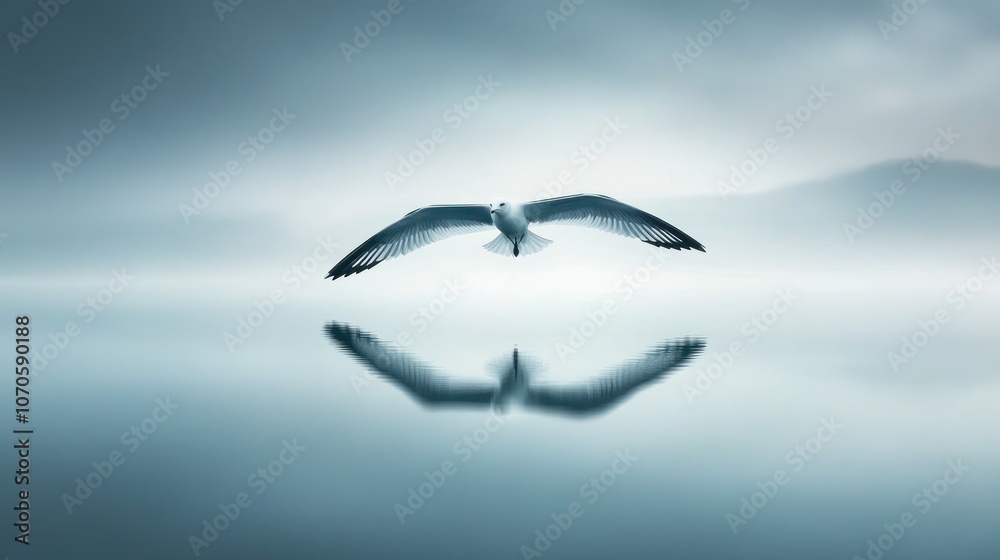 Obraz premium A serene seagull gliding over a calm, misty lake, reflecting on the still water below.