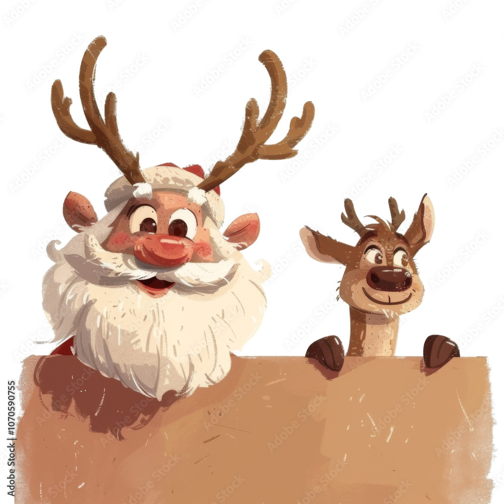 Cartoon Santa Claus his reindeer peeking over a banner isolated on transparent or white background Cartoon Santa Claus his reindeer peeking over a banner isolated on transparent or white background