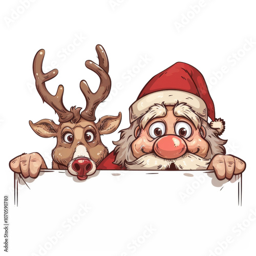 Cartoon Santa Claus his reindeer peeking over a banner isolated on transparent or white background