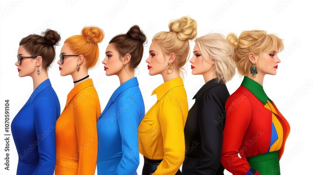 A diverse group of women in colorful outfits showcasing various hairstyle trends against a clean background A diverse group of women in colorful outfits showcasing various hairstyle trends against a clean background