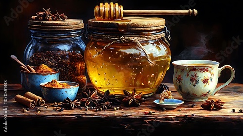 A rustic wooden table with a cup of steaming tea, honey, spices, and cinnamon sticks, perfect for a cozy autumn evening.