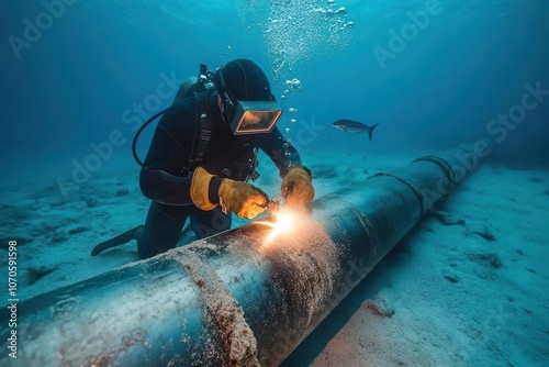 Underwater view of a diver welding a pipeline, with marine life passing by and bubbles rising photo