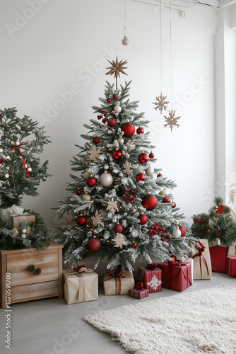 Christmas tree and Christmas gifts in a white room