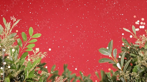 Magical Christmas Scene with Snowflakes and Glittering Ornaments on Red Background