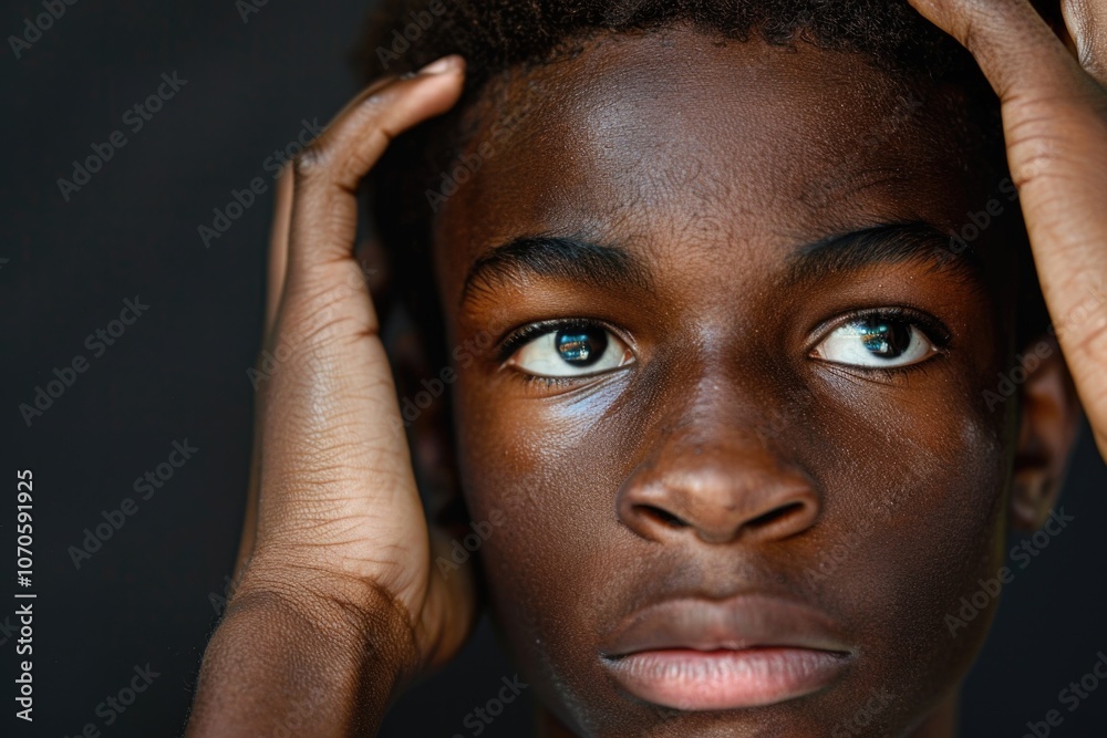 Fototapeta premium Teen Thinking. African American Male Teenager Touching Head, Pondering Thoughts