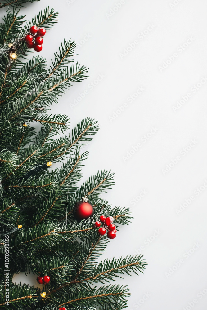 A partial close-up of a Christmas tree on a white background A partial close-up of a Christmas tree on a white background