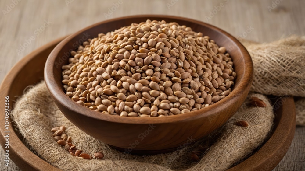 A wooden bowl filled with light brown sesame seeds on a rustic surface. A wooden bowl filled with light brown sesame seeds on a rustic surface.