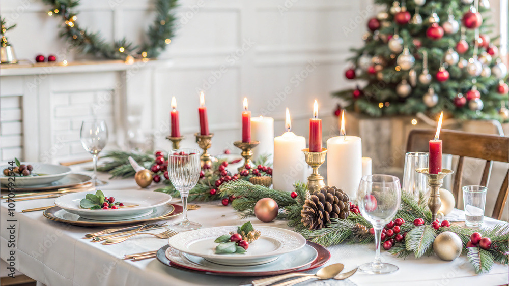 Festive Christmas dining table setting with candles, ornaments, and holiday centerpiece Festive Christmas dining table setting with candles, ornaments, and holiday centerpiece