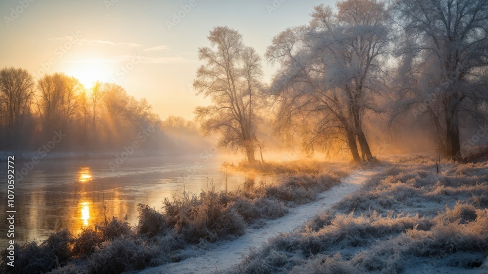 Frosty sunrise over a tranquil river surrounded by trees in a serene winter landscape Frosty sunrise over a tranquil river surrounded by trees in a serene winter landscape
