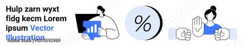 Businessman analyzing graph with laptop, percentage symbol, and two teammates high-fiving. Ideal for business, finance, teamwork, analytics, productivity, web design, app design. Landing page