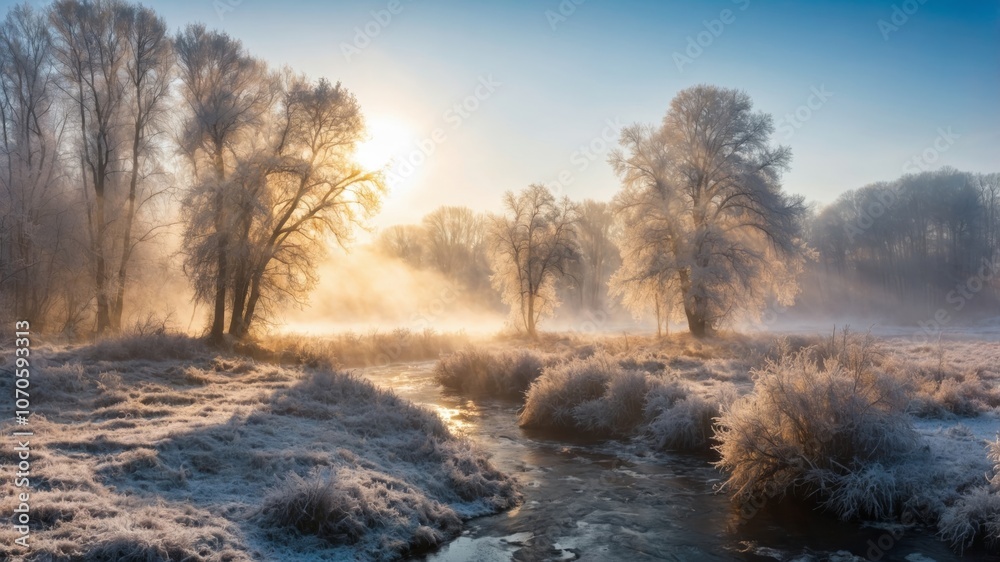 Frosty morning light illuminating a tranquil stream and trees at dawn in a winter landscape Frosty morning light illuminating a tranquil stream and trees at dawn in a winter landscape