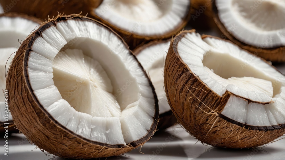 Close-up of coconut halves showcasing the white flesh and fibrous shell. Close-up of coconut halves showcasing the white flesh and fibrous shell.
