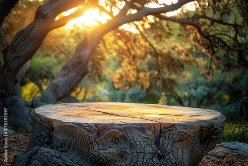 Tree trunk table in nature garden park with drooping branch.