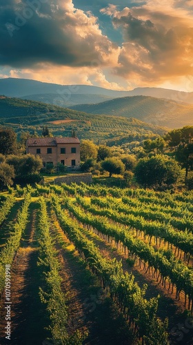 Golden sunset over lush vineyards near a rustic farmhouse in the Italian countryside