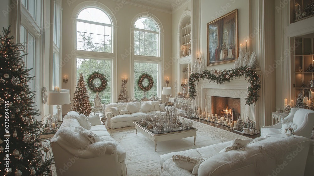 White Christmas Decor in a Luxurious Living Room with a Fireplace White Christmas Decor in a Luxurious Living Room with a Fireplace
