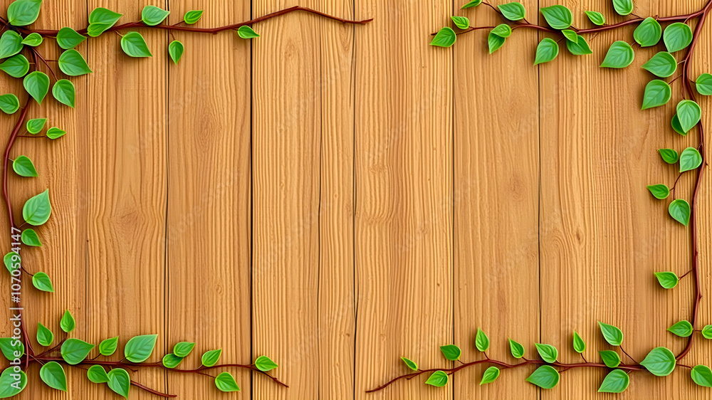 Wooden background with green leaves. 