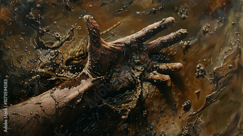 Swirling deluge of mud, debris, and water cascading through a decimated landscape, leaving a trail of destruction in its wake.