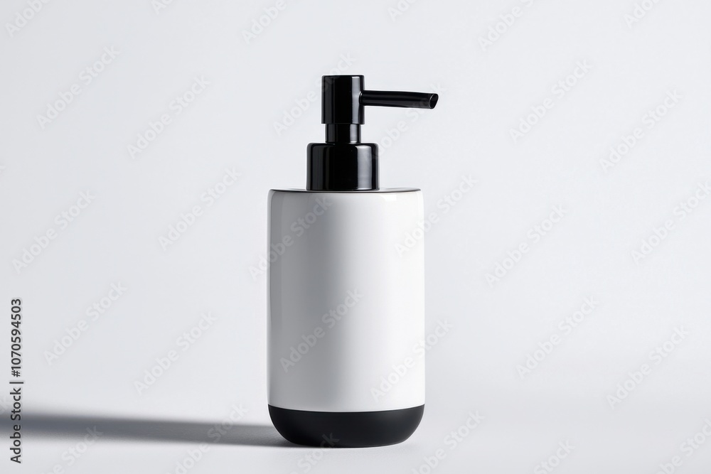 A sleek, modern lotion dispenser featuring a white body and a black pump, set against a minimalist background. A sleek, modern lotion dispenser featuring a white body and a black pump, set against a minimalist background.