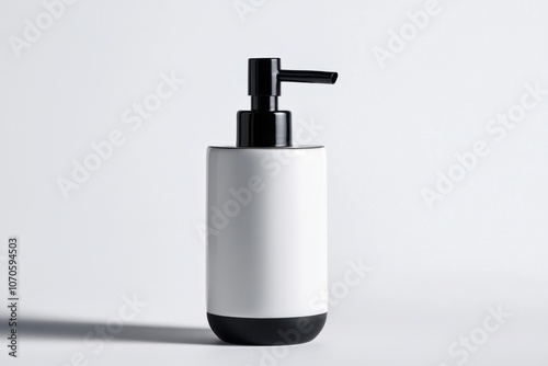 A sleek, modern lotion dispenser featuring a white body and a black pump, set against a minimalist background.