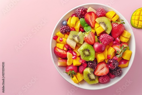 Bowl of healthy fresh fruit salad on pink background top view