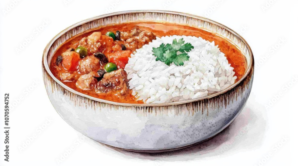 A delicious bowl of curry with vegetables served alongside fluffy white rice, garnished with fresh cilantro for added flavor. A delicious bowl of curry with vegetables served alongside fluffy white rice, garnished with fresh cilantro for added flavor.