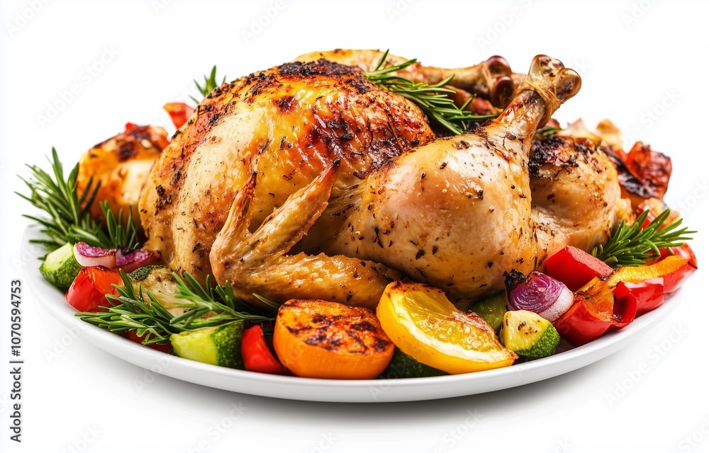 A Whole Golden-Brown Roasted Turkey with Colorful Vegetables on a Platter, Isolated on White Background A Whole Golden-Brown Roasted Turkey with Colorful Vegetables on a Platter, Isolated on White Background