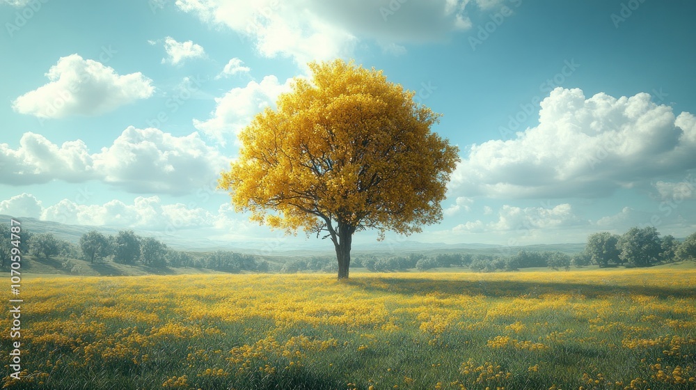 Fototapeta premium A solitary yellow tree in a vibrant field under a blue sky.