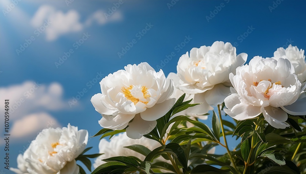 White lilies bloom in a spring garden, their petals bathed in sunlight White lilies bloom in a spring garden, their petals bathed in sunlight