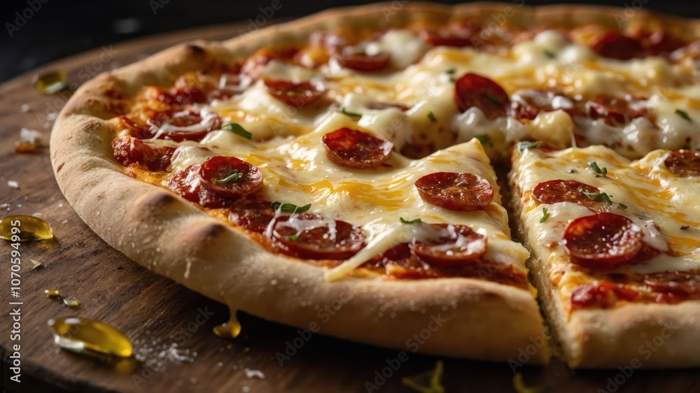 A delicious pepperoni pizza with melted cheese and herbs, sliced and ready to enjoy. A delicious pepperoni pizza with melted cheese and herbs, sliced and ready to enjoy.