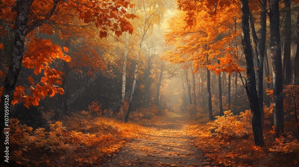 Autumnal Pathway in a Misty Forest Autumnal Pathway in a Misty Forest