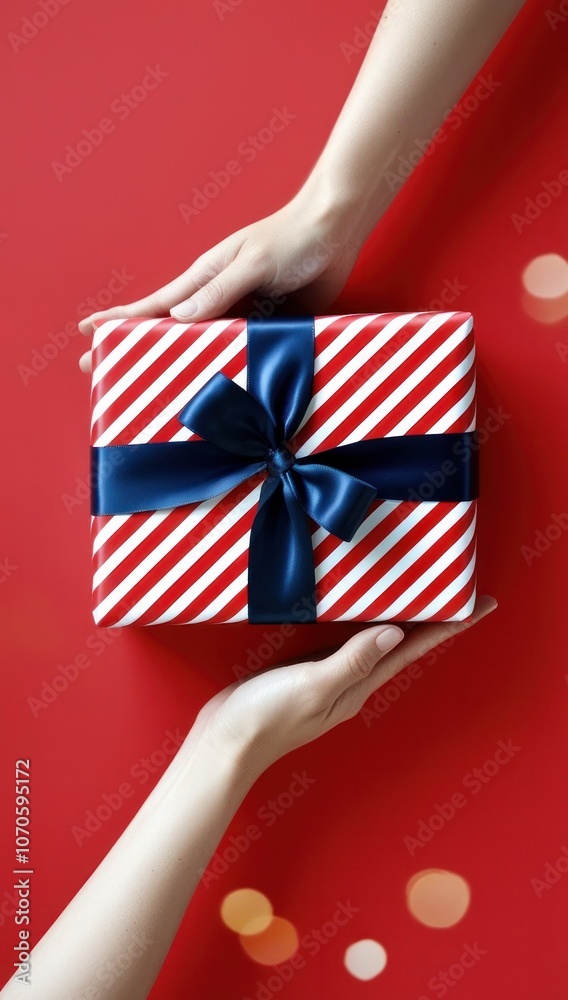 Obraz premium Female hands holding gift box on red bokeh background, top view. Copy space valentine, mother's day, birthday theme. Gift box with ribbon bow