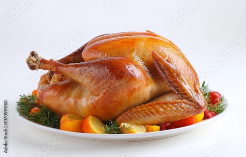 A Whole Golden-Brown Roasted Turkey with Colorful Vegetables on a Platter, Isolated on White Background