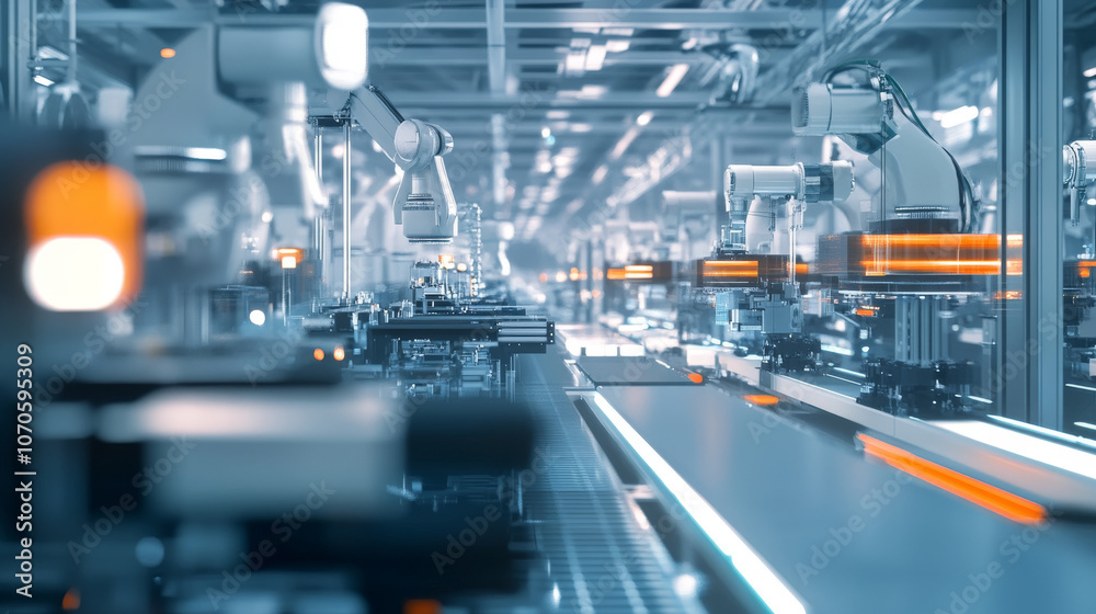 Fototapeta premium AI-controlled assembly line in a modern industrial facility, using machine vision and predictive maintenance for seamless production