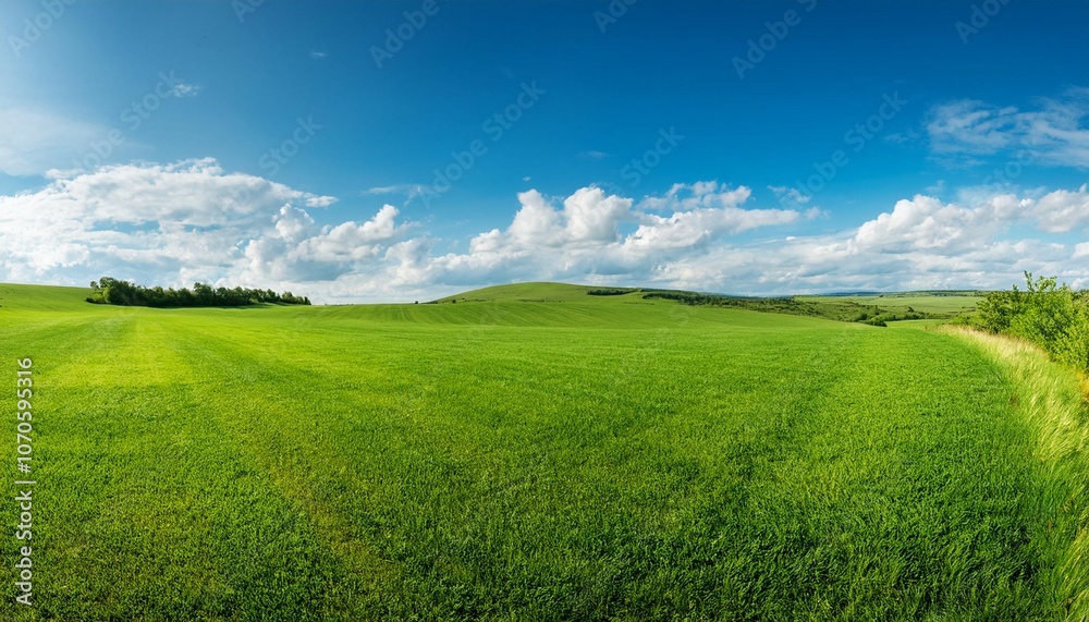 Obraz premium beautiful natural scenic panorama green field of cut grass into and blue sky with clouds on horizon perfect green lawn on summer sunny day
