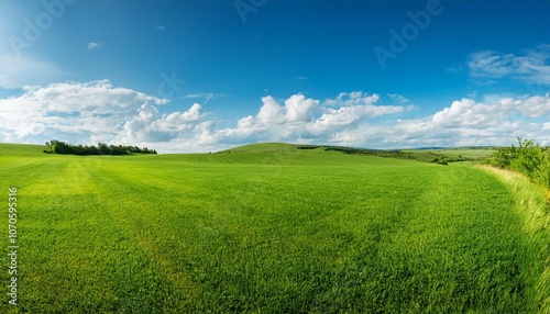 beautiful natural scenic panorama green field of cut grass into and blue sky with clouds on horizon perfect green lawn on summer sunny day