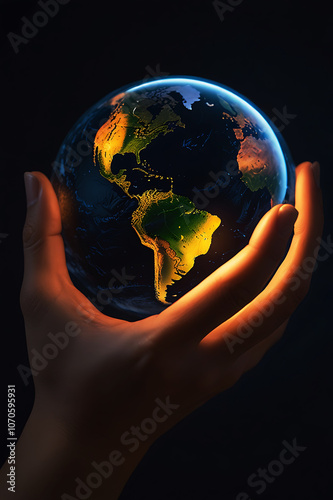 A hand holds the glowing globe