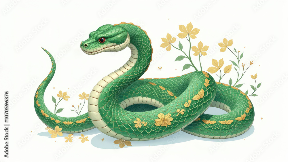 Illustration of green snake zodiac sign with floral ornament on white background, symbol new year Illustration of green snake zodiac sign with floral ornament on white background, symbol new year