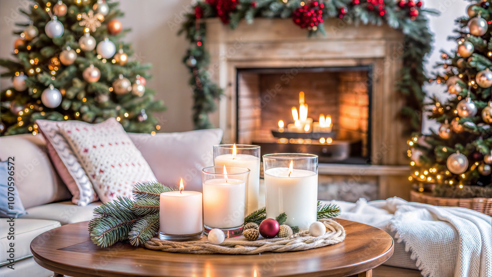 Festive coffee table setup with candles and Christmas decor in a cozy living room by the fireplace Festive coffee table setup with candles and Christmas decor in a cozy living room by the fireplace