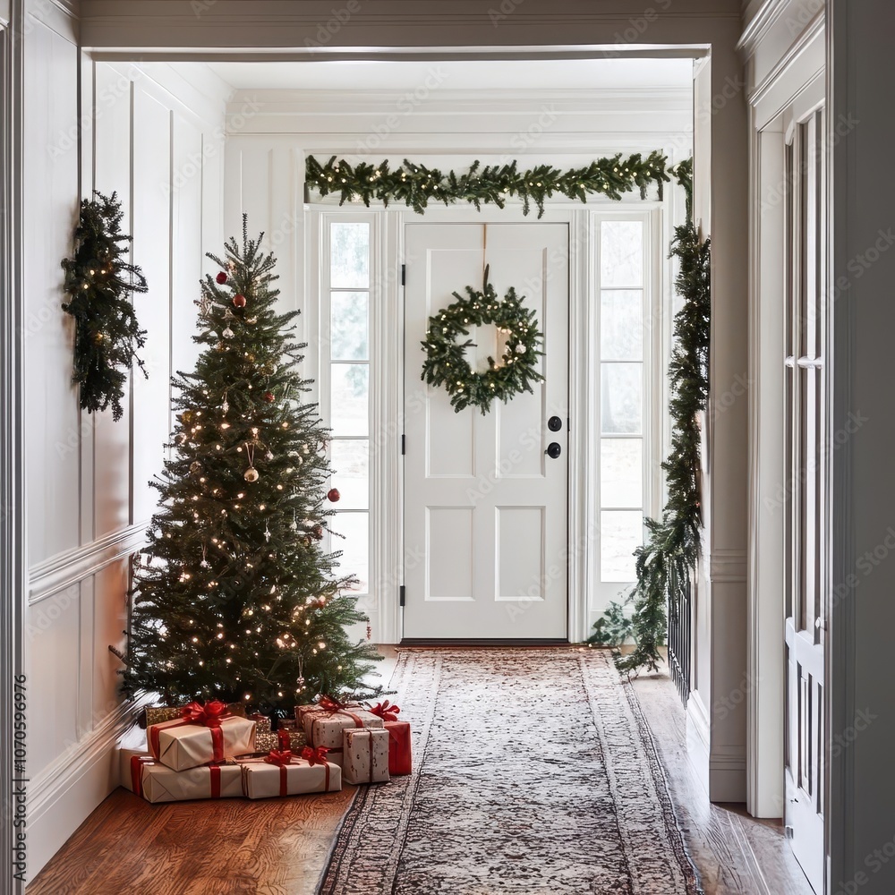 Fototapeta premium A festive hallway adorned with garlands and a small Christmas tree, creating a welcoming atmosphere filled with holiday spirit