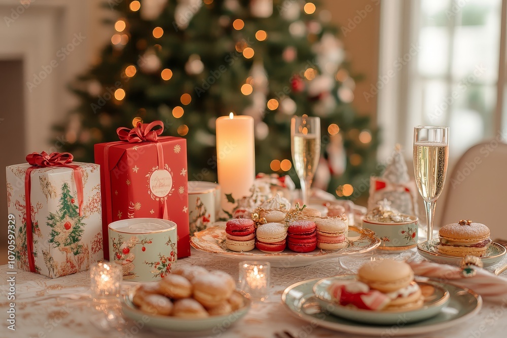 Elegantly decorated Christmas dining table with candles, gift boxes, champagne glasses, festive food, and a small pine tree with lights, holiday ambiance. Elegantly decorated Christmas dining table with candles, gift boxes, champagne glasses, festive food, and a small pine tree with lights, holiday ambiance.