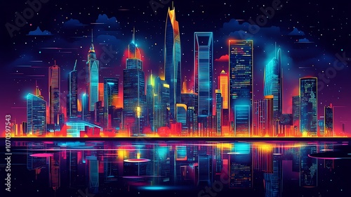 Wallpaper Mural A vibrant cityscape with neon lights reflecting in the water. Torontodigital.ca