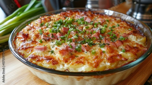 A casserole or creamy potato gratin with leek, ham, and tomato cheese on top. A rustic recipe for fall and winter