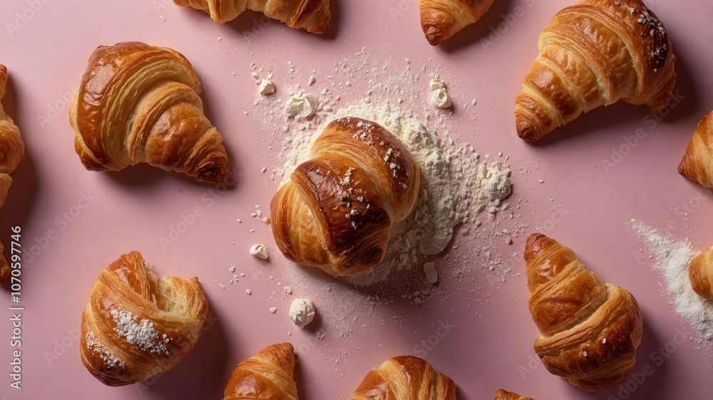 A visually appealing arrangement of croissants with flour on a pink background.