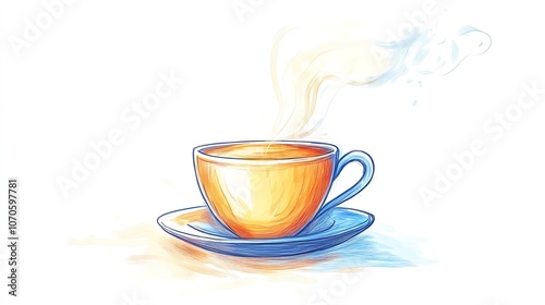 a 2D cartoon illustration of a hot cup of tea with steam rising, relaxing and warm, white background--ar 16:9